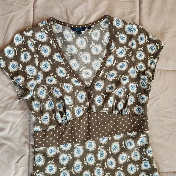 Boden Empire Waist Midi Dress Brown Blue Polka Dot Floral - Picture 3 of 11